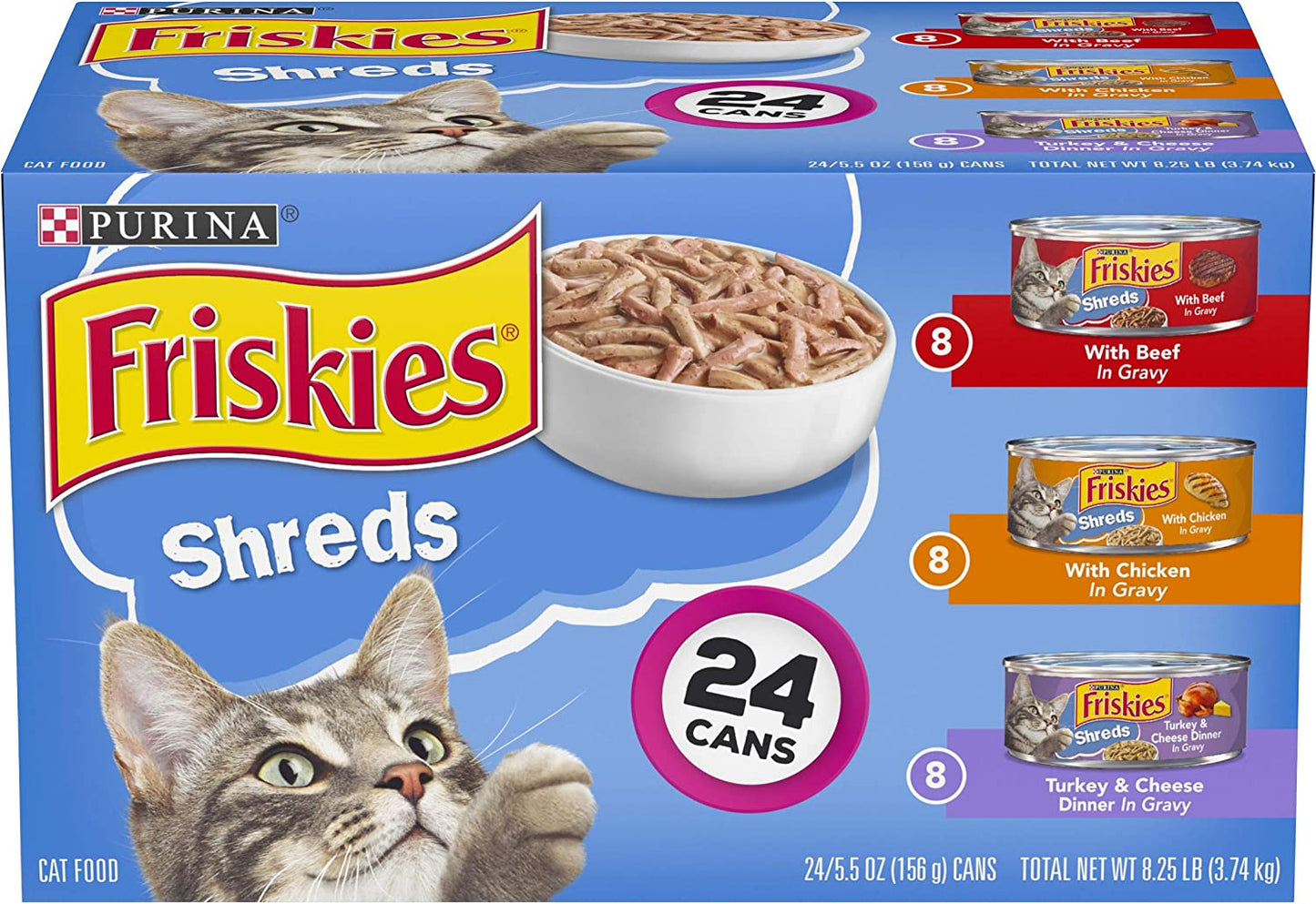 Purina Friskies Gravy Wet Cat Food Variety Pack, Shreds Beef, Chicken And Turkey & Cheese Dinner - (24) 5.5 Oz. Cans