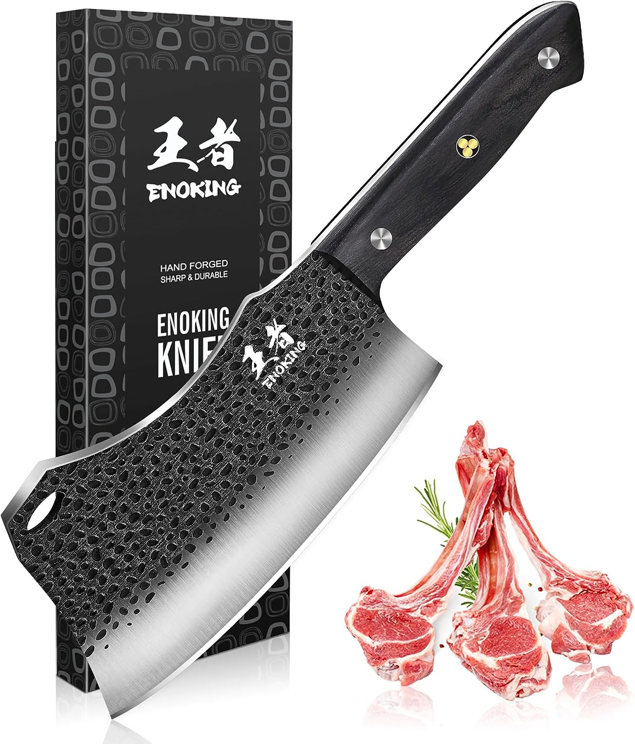 ENOKING Cleaver Knife & Heavy Duty Bone Chopper Knife, Hand Forged Meat Cleaver German High Carbon Stainless Steel Butcher Knife for Home Kitchen & Outdoor (7.1-inch Meat Cleaver)