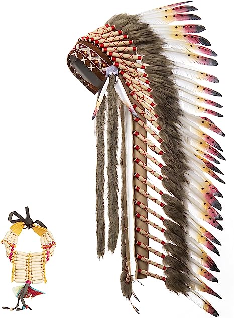 Ballinger Native American Indian Headdress - Large Feather Headdress and Choker for Native American Decor, Carnival, Halloween Party and Role Play