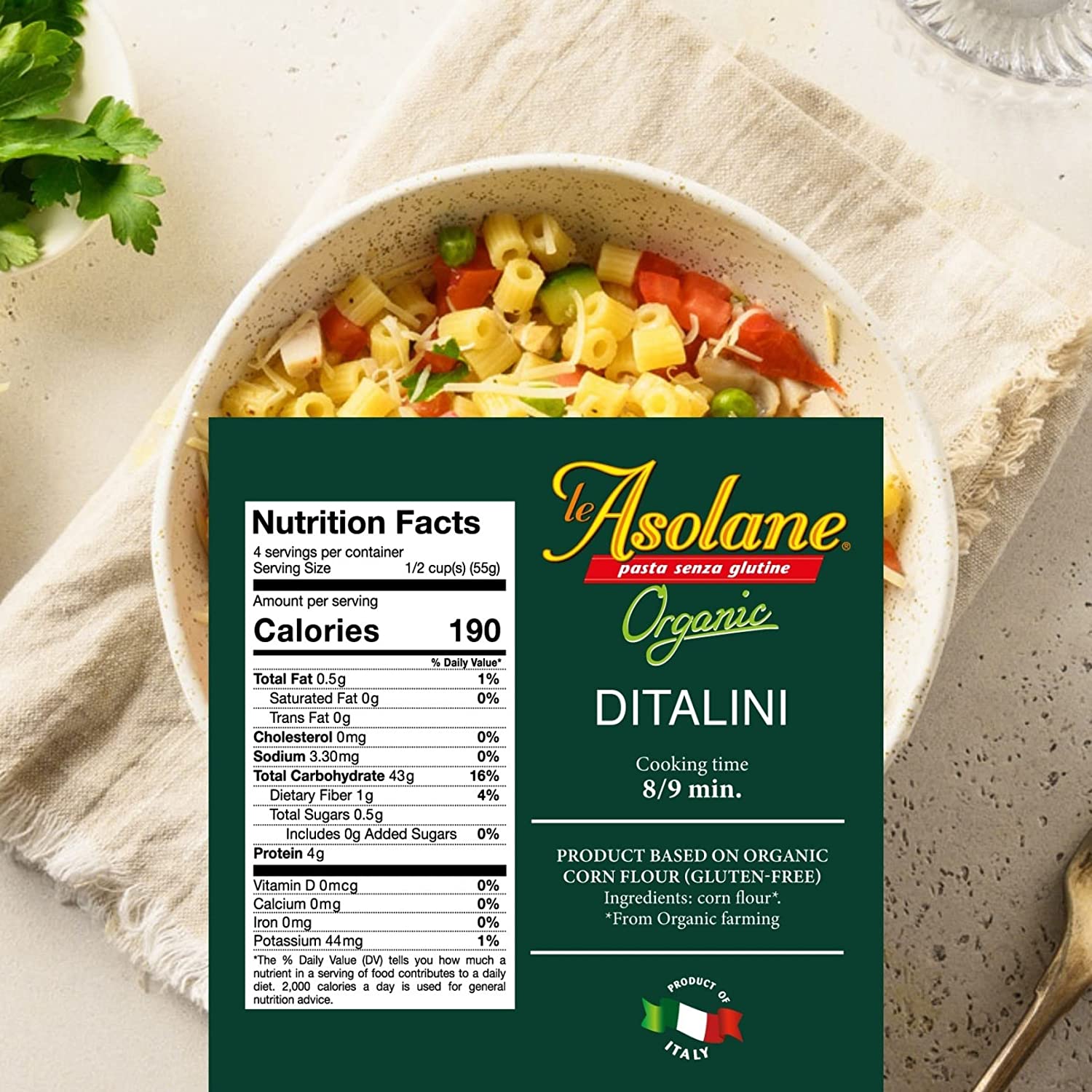 Le Asolane Certified Organic Gluten Free Ditalini Pasta | 2 Pack | Authentic Imported Italian Gourmet Pasta from Select Premium Grade Corn Flour | 8.8 oz packages