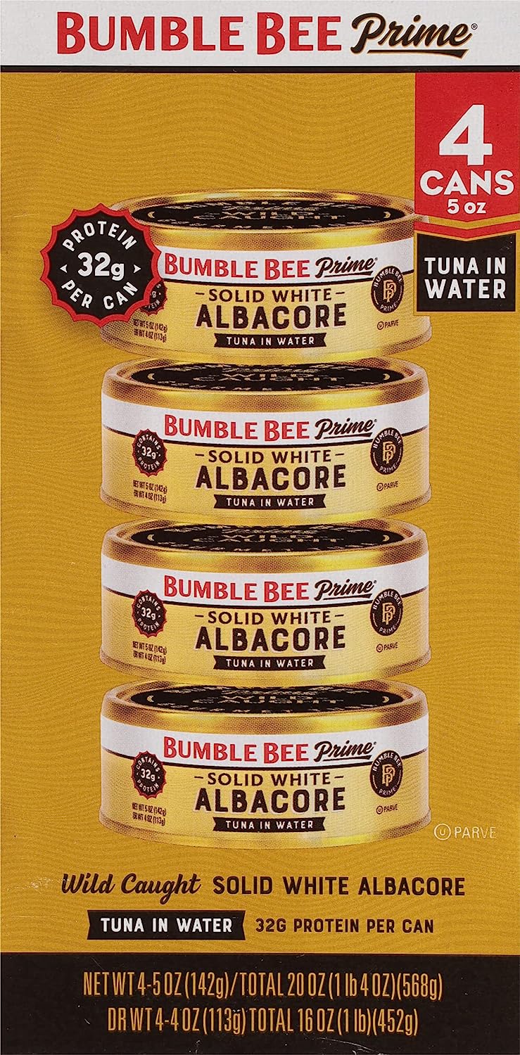 Bumble Bee Prime Solid White Albacore Tuna in Water,Premium Wild Caught Tuna - 31g Protein per Serving - Non-GMO Project Verified, Gluten Free, Kosher, 5 Ounce (Pack of 4)