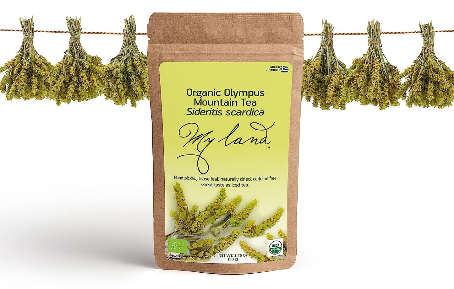 My Land Organic Greek Mountain Tea in Kraft Bag, Naturally Caffeine-Free leaves and Flowers, Dried Naturally, Sourced From Small Farm On Mount Olympus (50g/1.76oz)