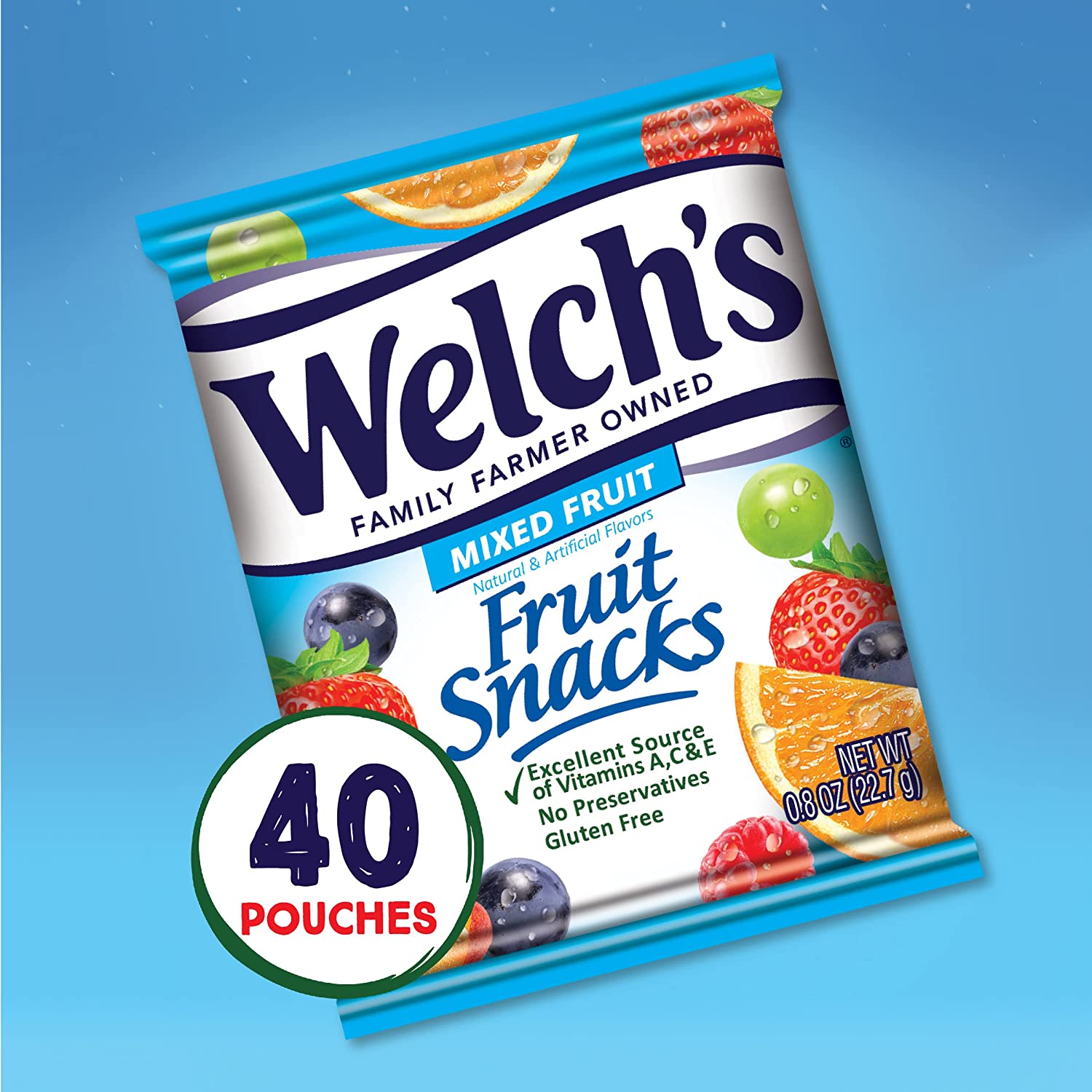Welch's Fruit Snacks, Mixed Fruit, Gluten Free, Bulk Pack, Individual Single Serve Bags, 0.8 oz (Pack of 40)