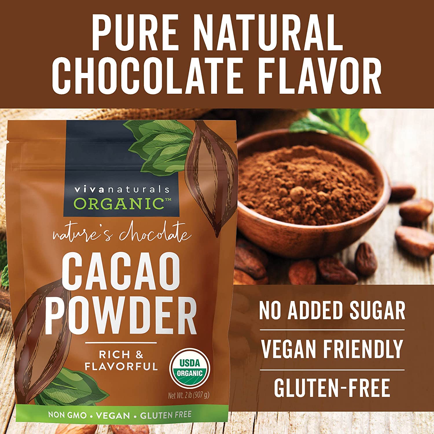 Organic Cacao Powder, 2lb - Unsweetened Cocoa Powder With Rich Dark Chocolate Flavor, Perfect for Baking & Smoothies, Non-GMO, Certified Vegan & Gluten-Free, 907 g
