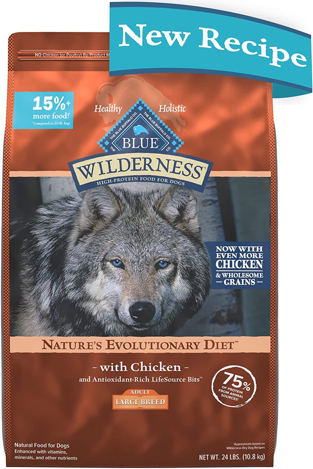 Blue Buffalo Wilderness High Protein Natural Large Breed Adult Dry Dog Food Plus Wholesome Grains, Chicken 24 lb Bag