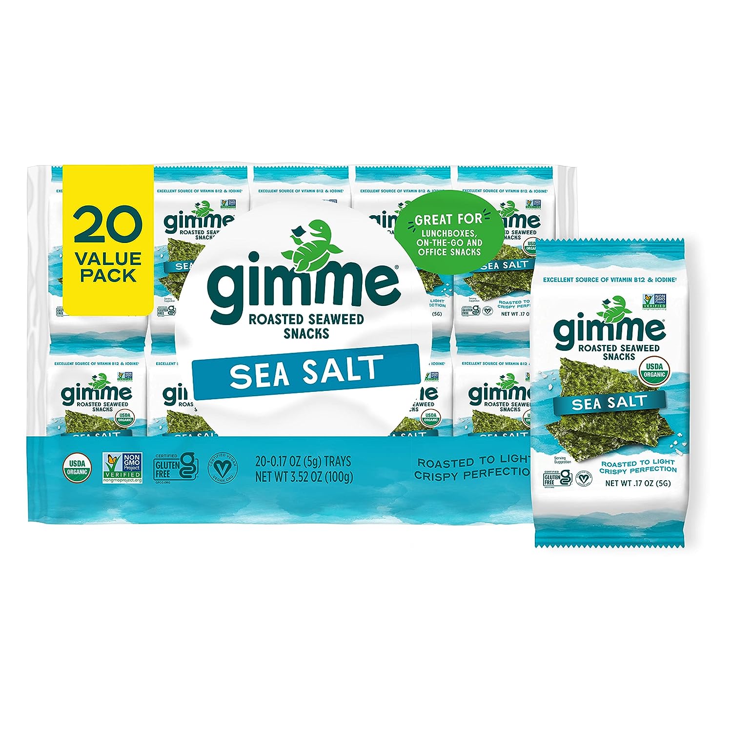 gimMe - Sea Salt - 20 Count - Organic Roasted Seaweed Sheets - Keto, Vegan, Gluten Free - Great Source of Iodine & Omega 3’s - Healthy On-The-Go Snack for Kids & Adults