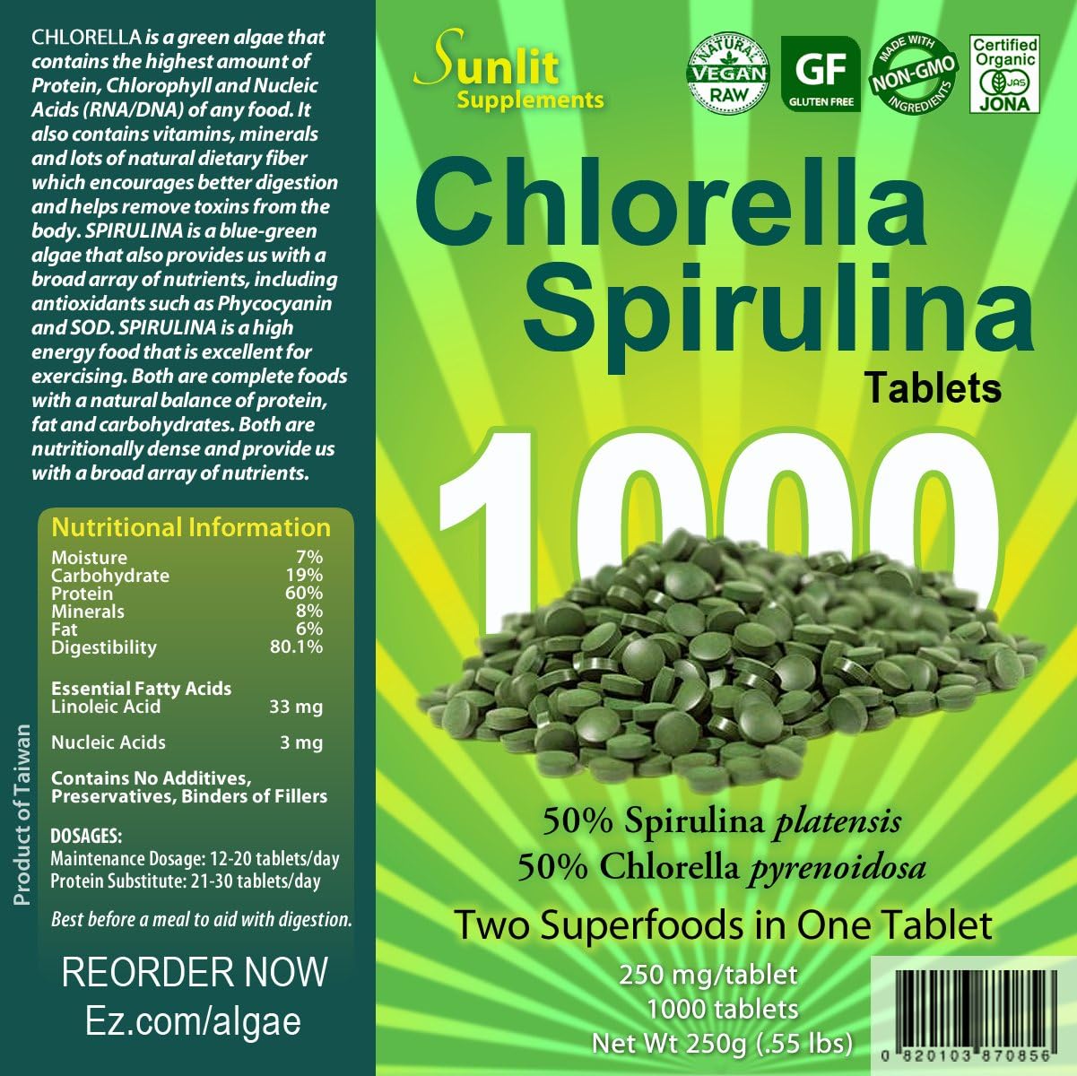 Sunlit Best Organic Burst Chlorella Spirulina Tablets - Pure Superfood Supplement for Heavy Metal Detox Cleanse with Blue Green Algae, Chlorophyll & Vegan Protein, Spirulina Chlorella Pills 1000 Tabs