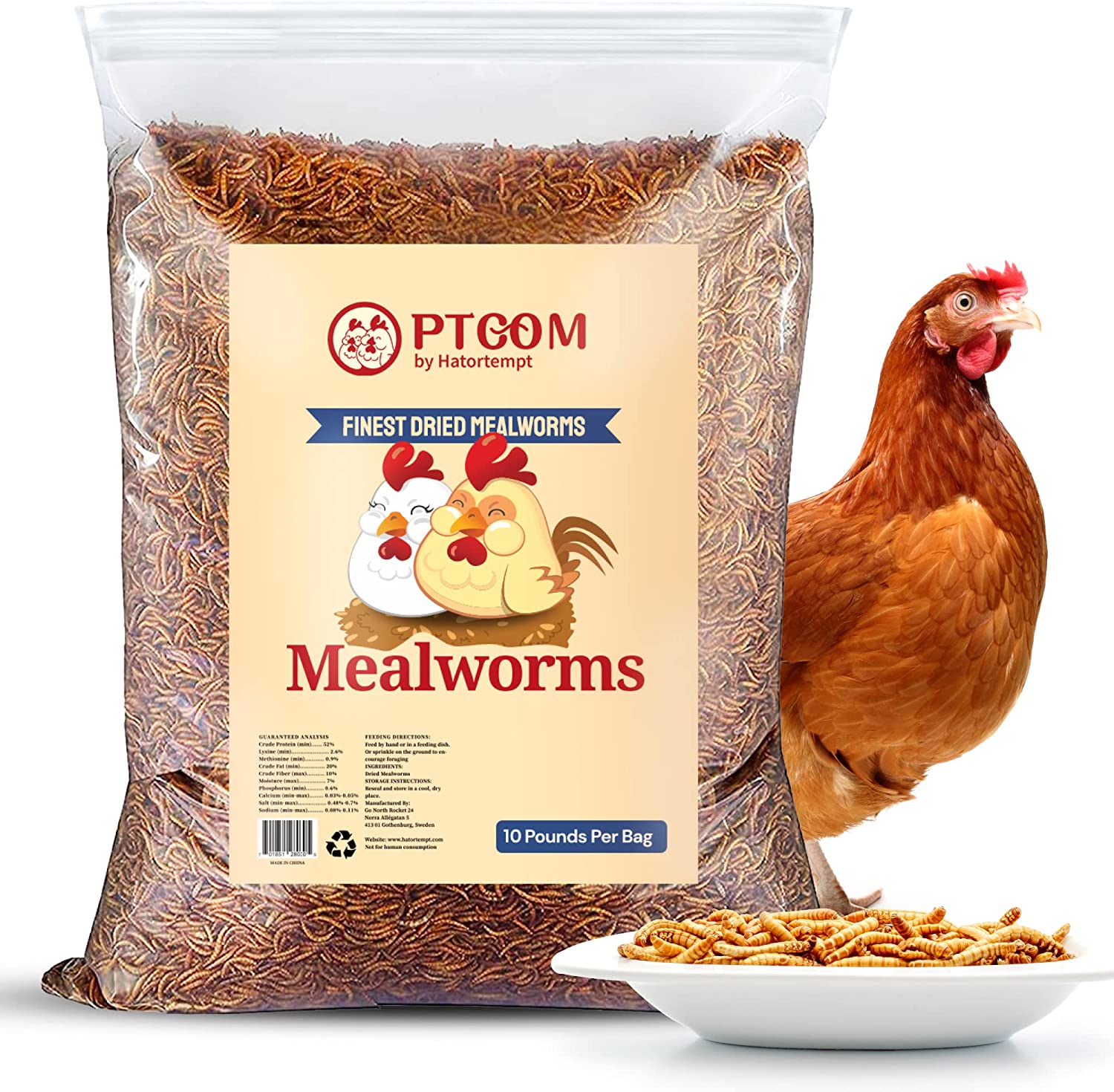 HATORTEMPT 10lbs Bulk Dried Mealworms - Premium Organic Non-GMO Chicken Feed. Nutritious High Protein Meal Worms- Food and Treats for Laying Hens, Wild Birds, Ducks, Reptiles, Fish, Hedgehogs, Turtles