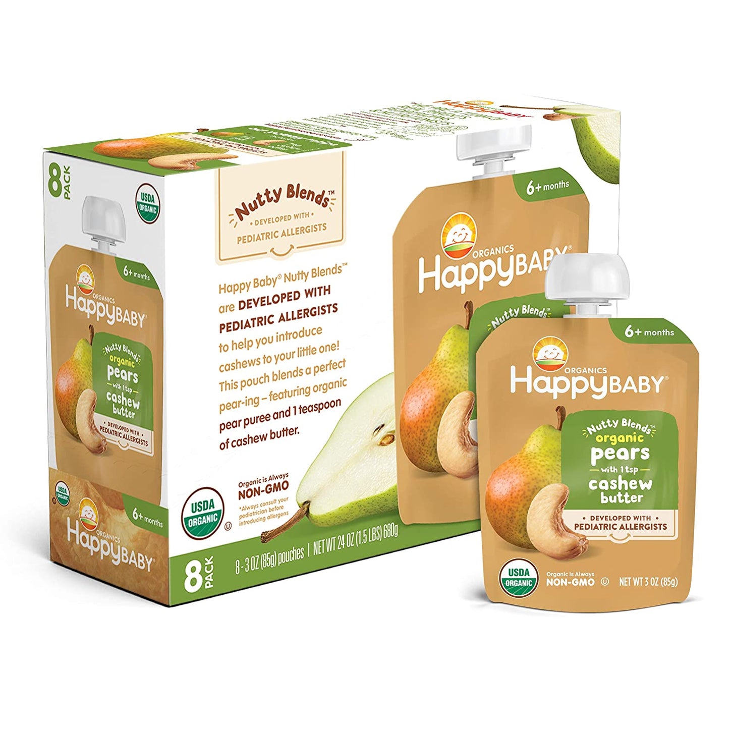 Happy Baby Organics Nutty Blends Organic Pears with 1 tsp Cashew Butter 3 oz Pouch (Pack of 8)