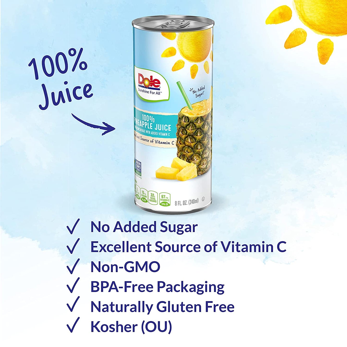 Dole 100% Pineapple Juice, 100% Fruit Juice with Added Vitamin C, 8.4 Fl Oz (Pack of 24)