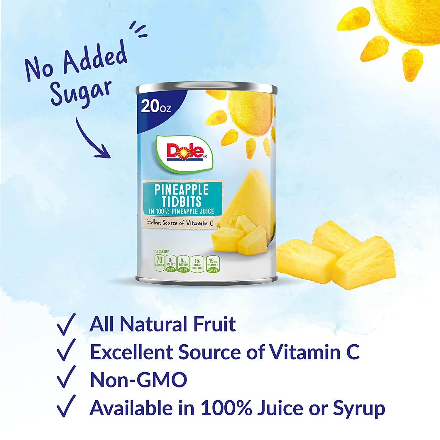 Dole Canned Fruit, Pineapple Tidbits in 100% Pineapple Juice*, Gluten Free, Pantry Staples, 20 Oz, 12 Count