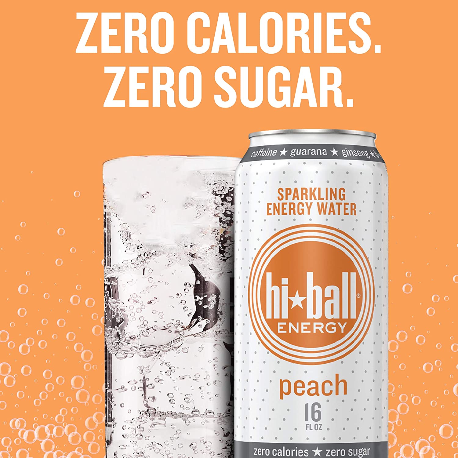 Hiball Clean Energy Seltzer Water, Caffeinated Sparkling Water Made with Vitamin B12 and Vitamin B6, Sugar Free (8 pack of 16 Fl Oz), Peach