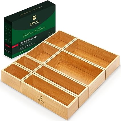 ROYAL CRAFT WOOD Luxury Bamboo Storage Box, Bin Set - Multi-Use Drawer Organizer for Kitchen, Bathroom, Office Desk, Makeup, Jewelry (8 Boxes)