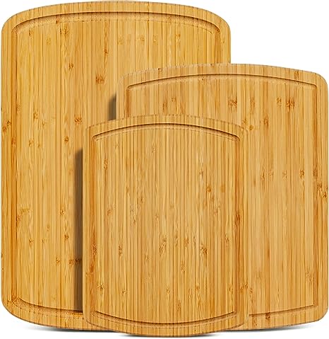 Organic Bamboo Cutting Board Set of 3 with Lifetime Replacements - Wood Cutting Board Set with Juice Groove - Wooden Chopping board Set for Kitchen, Meat and Cheese - Single Tone