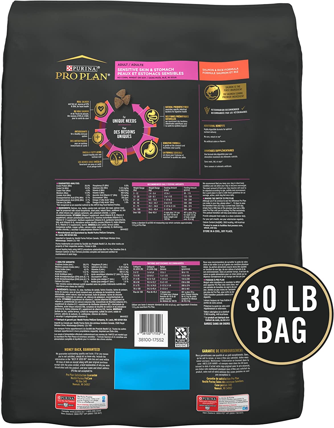 Purina Pro Plan Sensitive Skin and Stomach Dog Food Salmon and Rice Formula - 30 lb. Bag