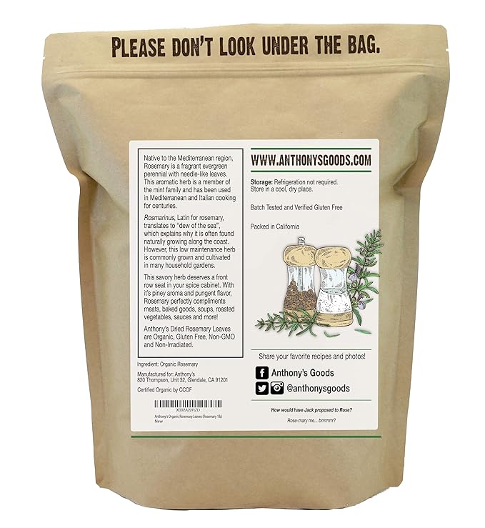 Anthony's Organic Dried Rosemary Leaves, 1 lb, Whole Leaf, Destemmed, Non GMO, Non Irradiated, Gluten Free