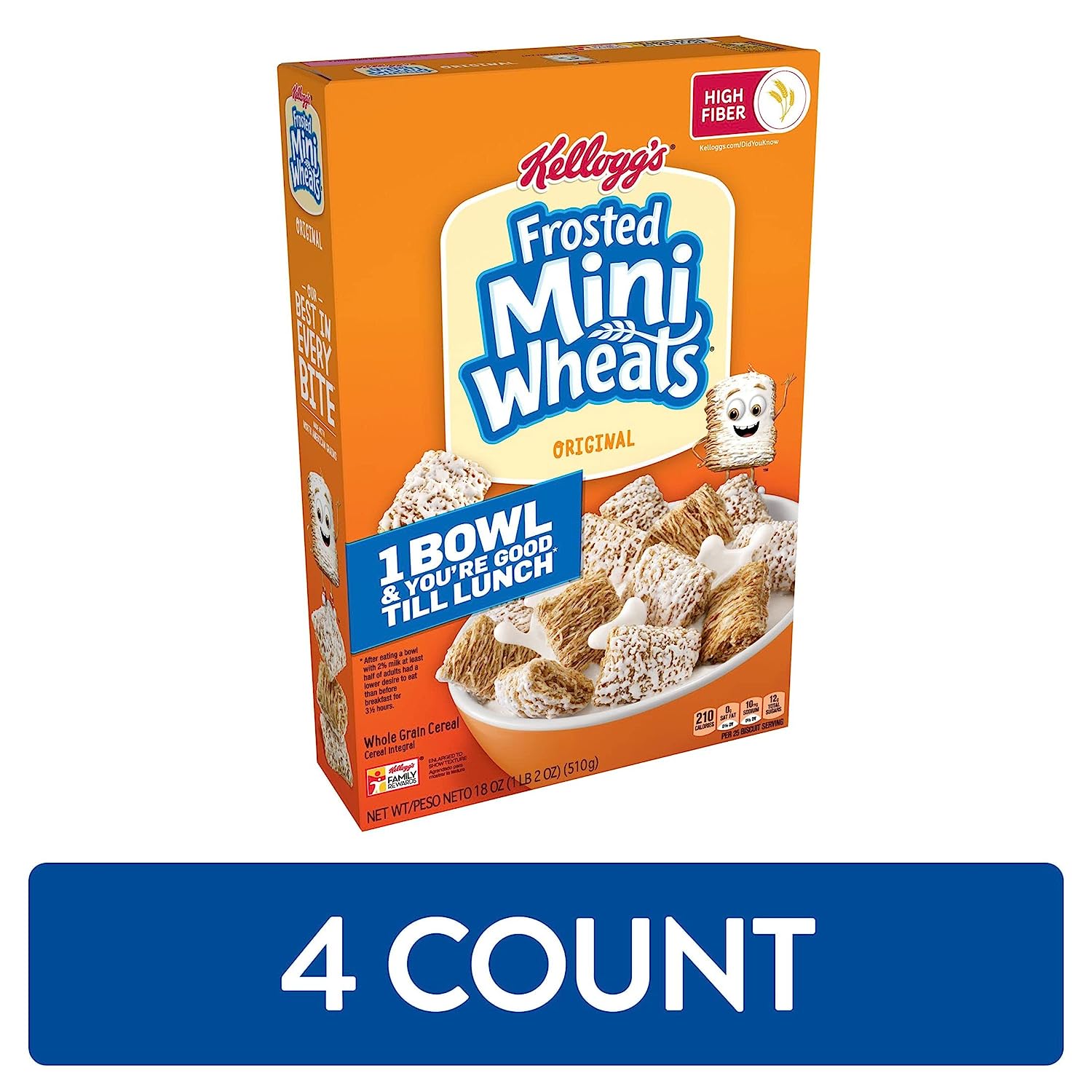 Kellogg's Frosted Mini-Wheats Cold Breakfast Cereal, Whole Grain, High Fiber Cereal, Kids Snacks, Original (4 Boxes)