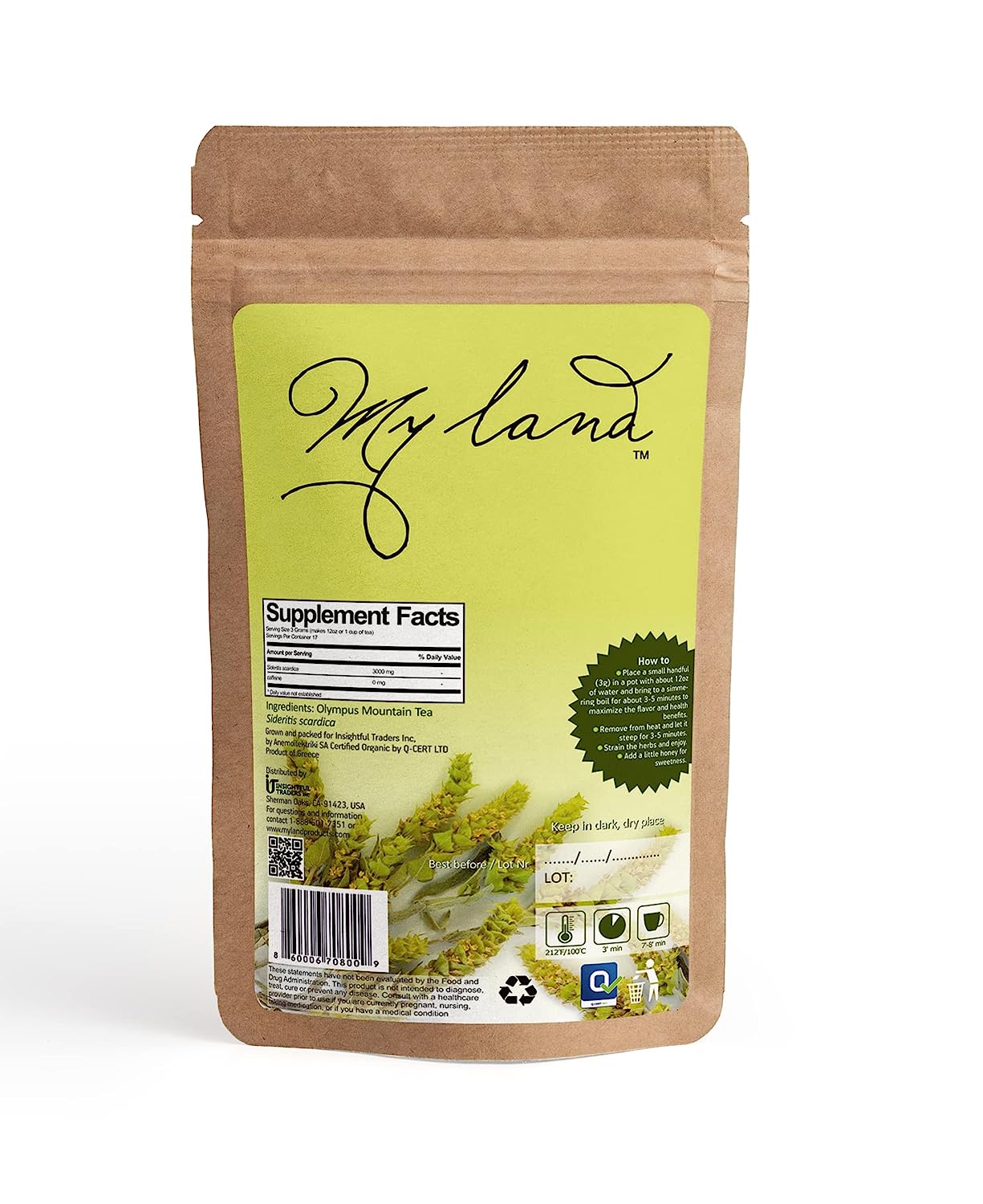 My Land Organic Greek Mountain Tea in Kraft Bag, Naturally Caffeine-Free leaves and Flowers, Dried Naturally, Sourced From Small Farm On Mount Olympus (50g/1.76oz)
