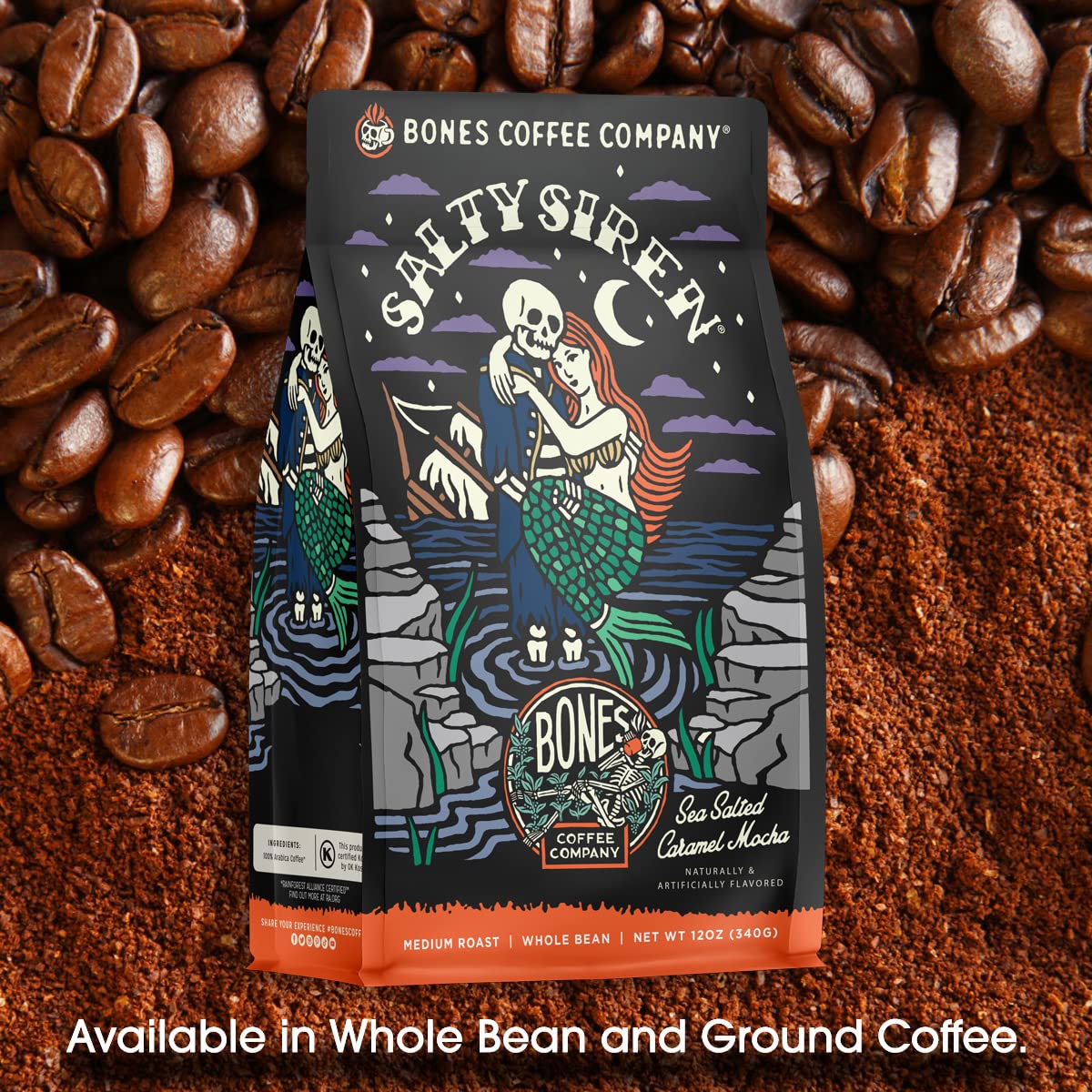 Bones Coffee Company Salty Siren Ground Coffee Beans Caramel Chocolate Flavor | 12 oz Flavored Coffee Gifts Low Acid Medium Roast Gourmet Coffee Beverages (Ground)
