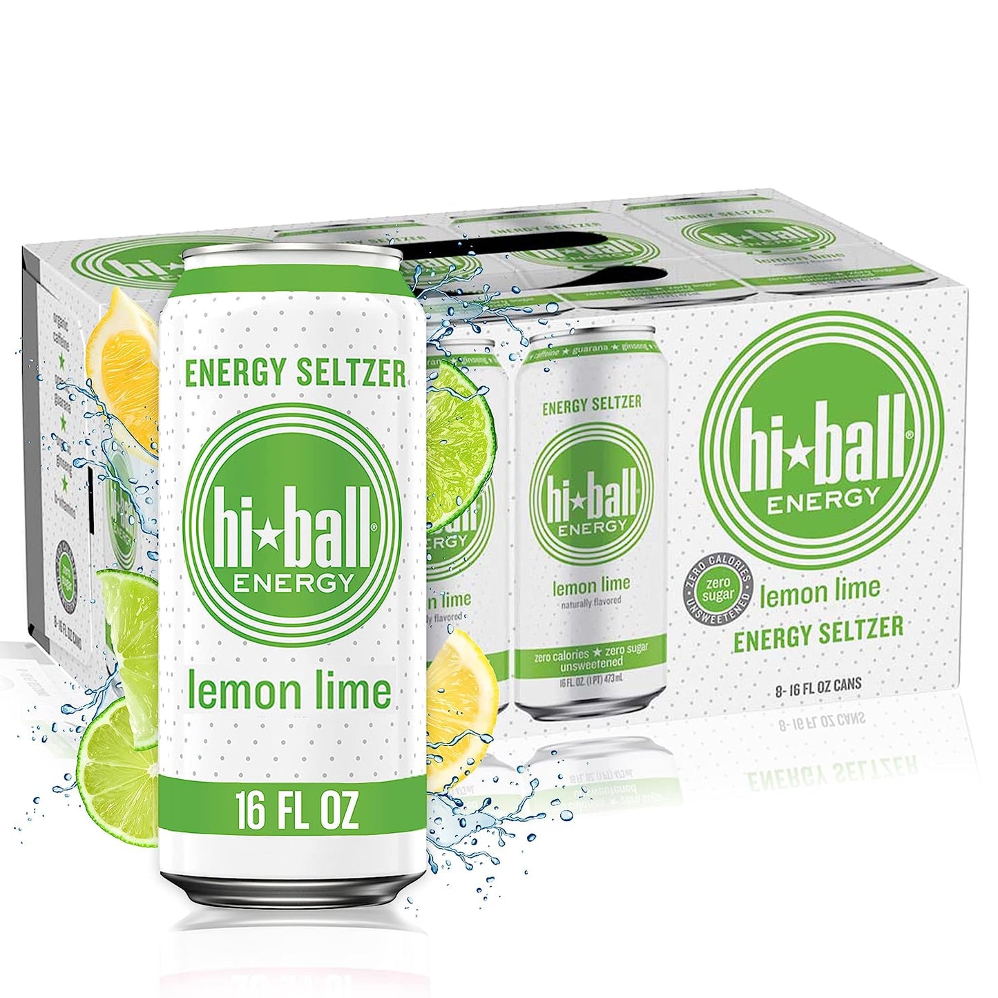 Hiball Clean Energy Seltzer Water, Caffeinated Sparkling Water Made with Vitamin B12 and Vitamin B6, Sugar Free (8 pack of 16 Fl Oz), Lemon Lime