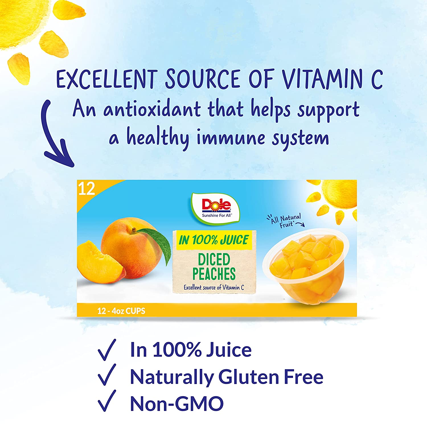 Dole Fruit Bowls Diced Peaches in 100% Juice, Gluten Free Healthy Snack, 4 Oz, 12 Cups