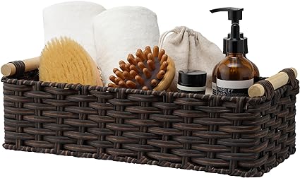 GRANNY SAYS Wicker Baskets for Shelves, Wicker Baskets for Storage, Toilet Basket Tank Topper, Basket Organizer with Handle, Toilet Paper Basket for Back of Toilet, 14¼" x 6½" x 4¼", Brown, 1-Pack