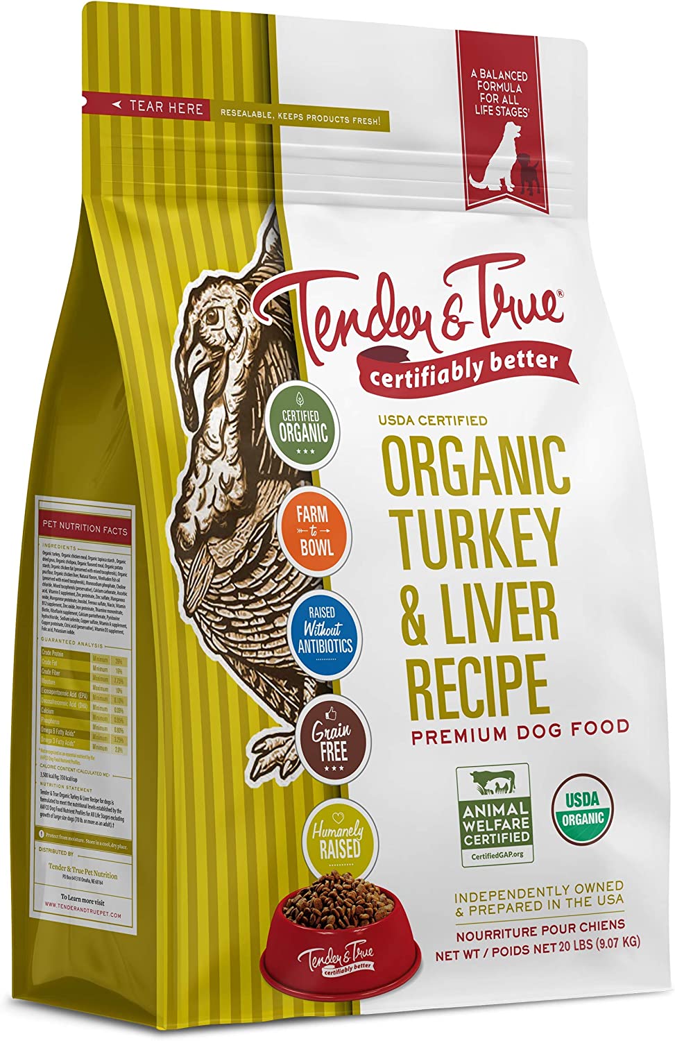 Tender & True Pet Nutrition Organic Turkey & Liver Recipe Dog Food, 20 lb (46012)