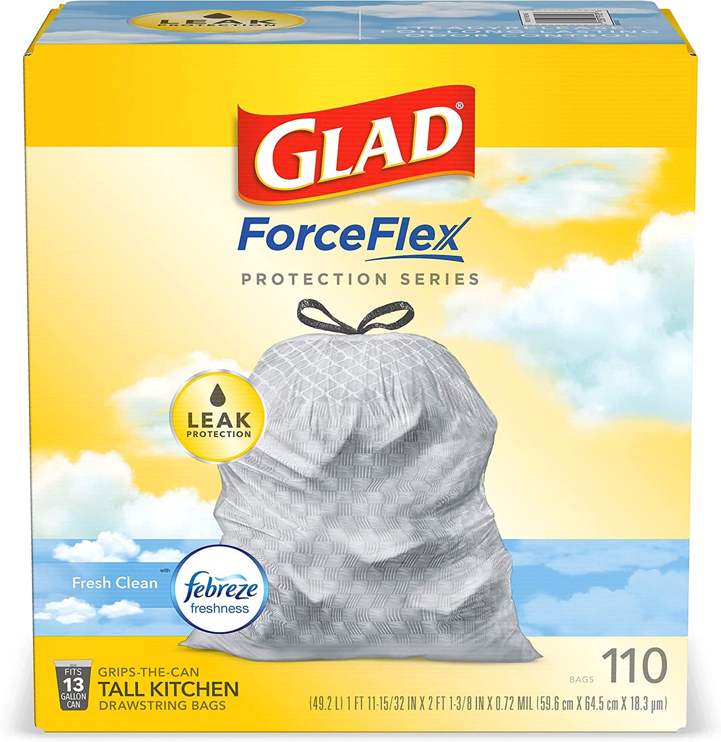 Glad Protection Series Force Flex Drawstring Fresh Clean Odor Shield 13 Gallon 1/110ct
