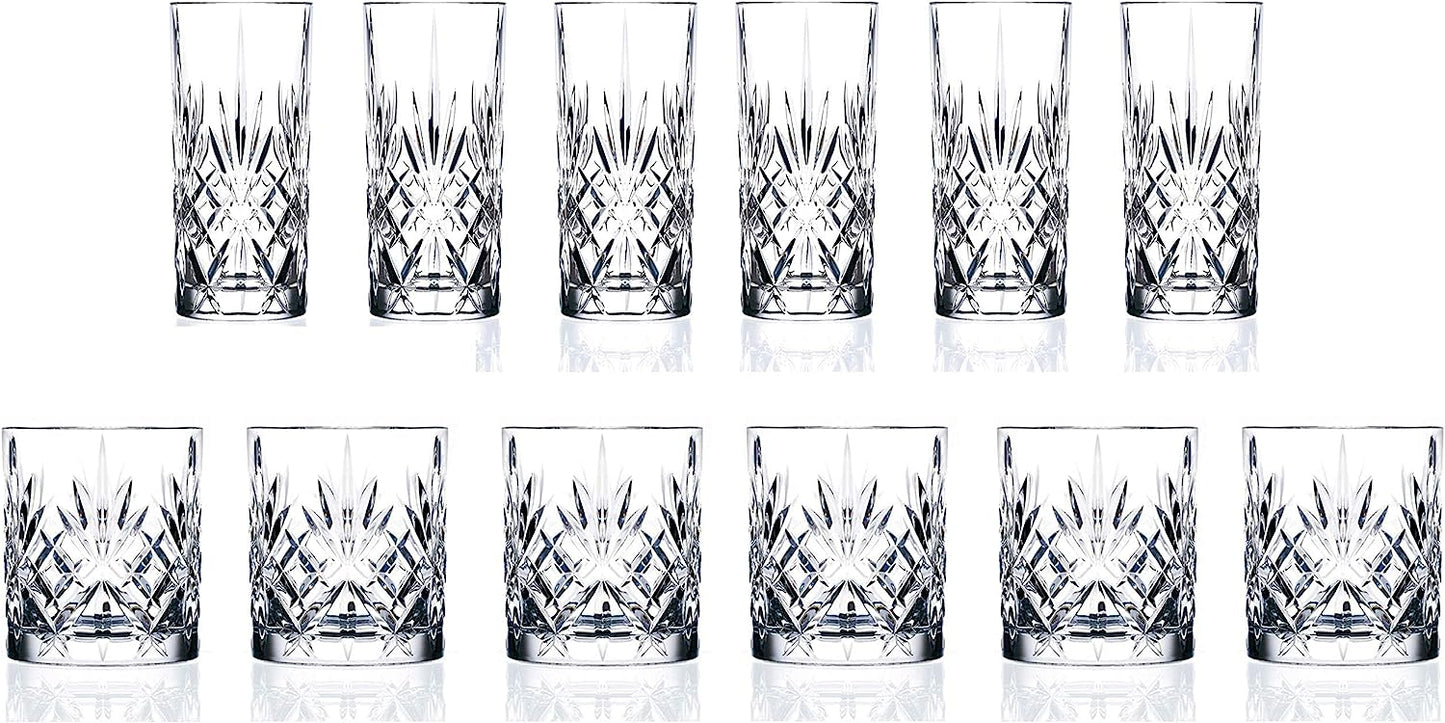 RCR Cristalleria Italiana Crystal Glass Drinkware Set (DOF Whiskey (10.5 oz) & Highball Tumbler (12.25 oz) - 12 Piece)