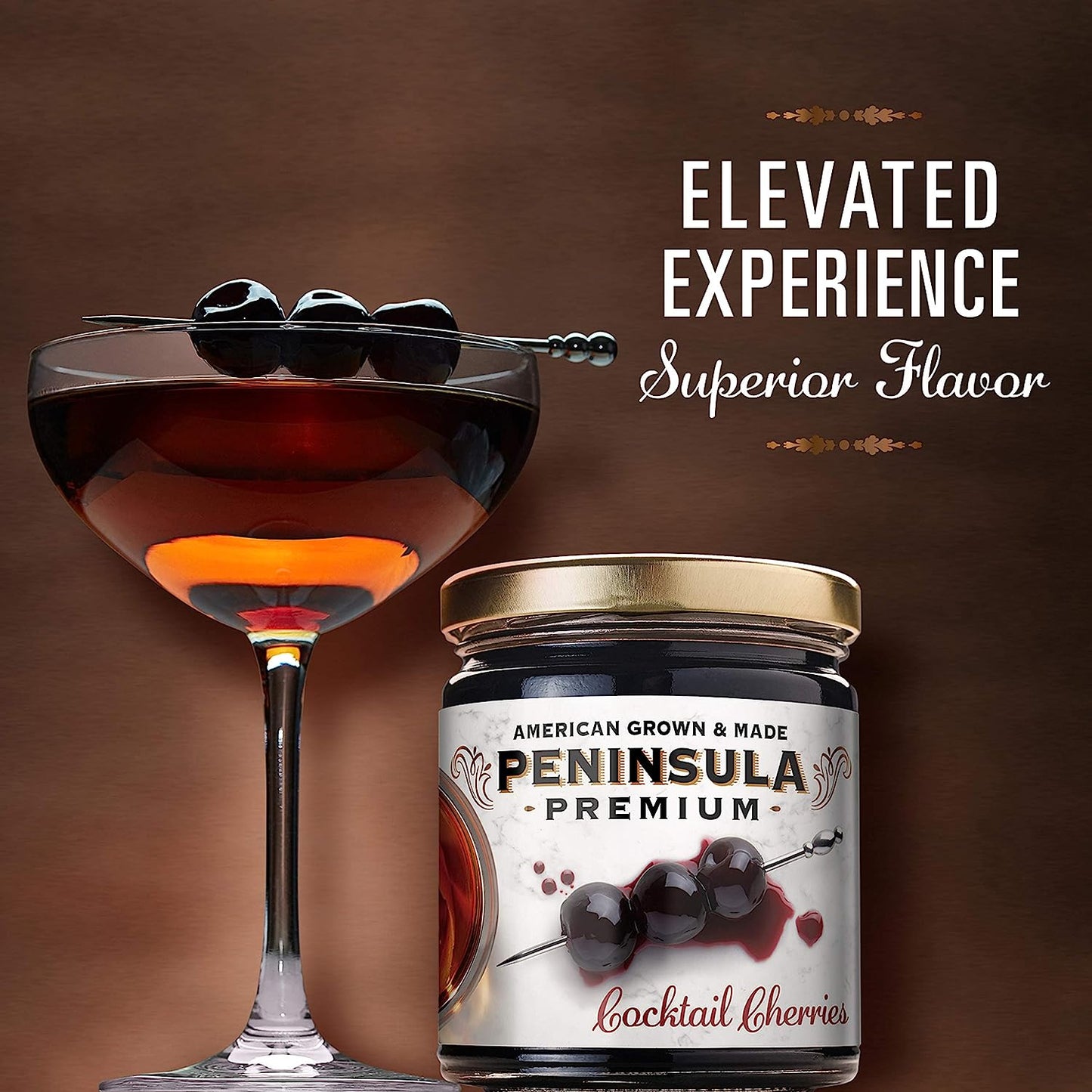 Peninsula Premium Cocktail Cherries | Award Winning | Deep Burgundy-Red | Silky Smooth, Rich Syrup | Luxe Fruit Forward, Sweet-Tart Flavor | Gourmet | American Grown & Made | 10.5 oz