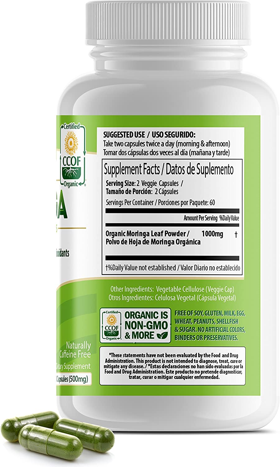 PURA VIDA MORINGA Moringa Capsules Single Origin Moringa Powder Organic. Moringa Leaf. Energy, Metabolism, & Immune Support. 120ct. 500mg Caps.