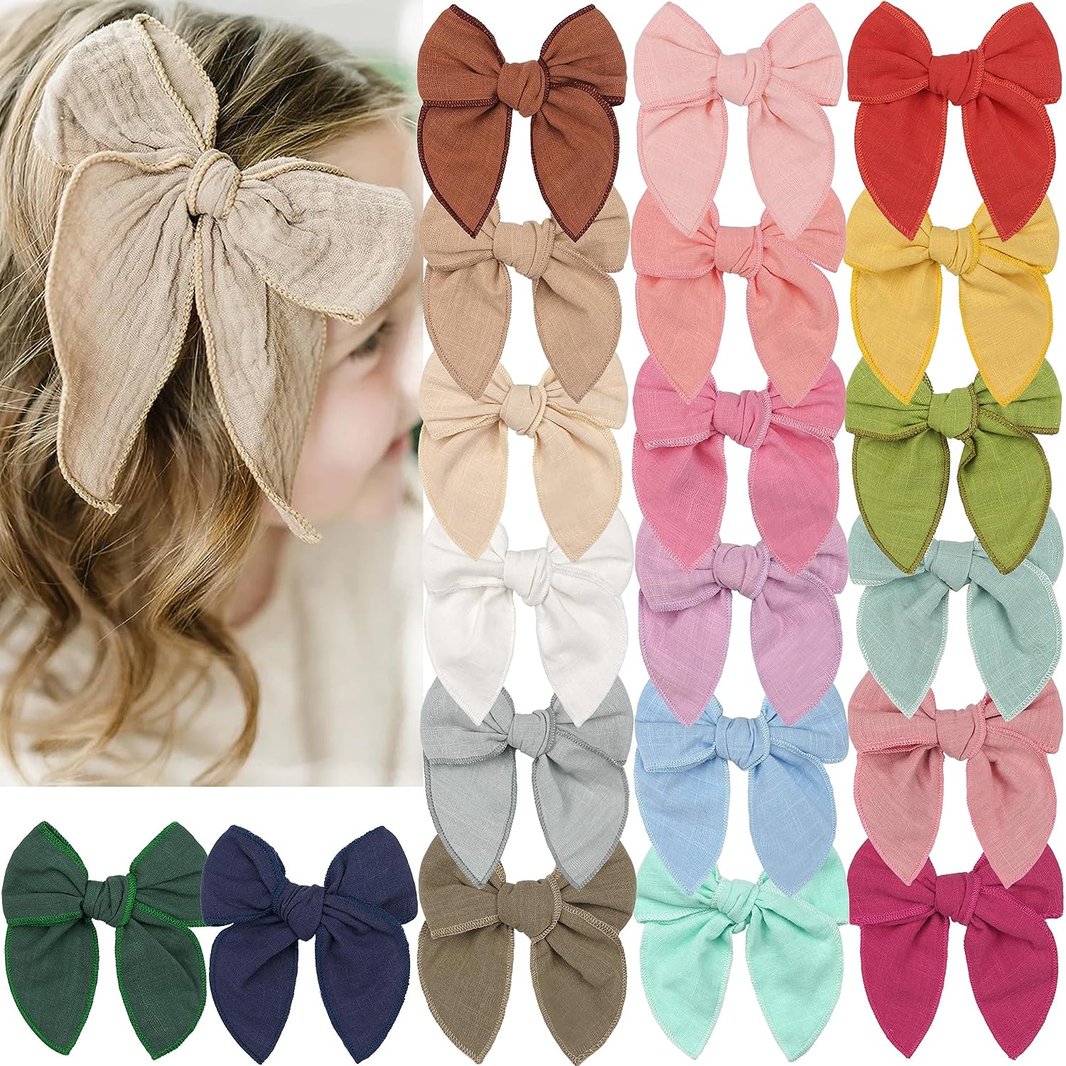 20 Colors Bows for Girls,5 Inch Cotton Linen Fabric Hair Bows Alligator Clips Neutral Handmade Hair Accessories for Baby Girls Toddlers Kids and Children