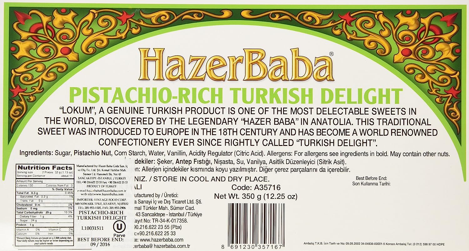 Hazer Baba Turkish Delight Double Roasted Pistachio-rich 350 g (12.25 oz) by Hazer Baba Turkish Delight