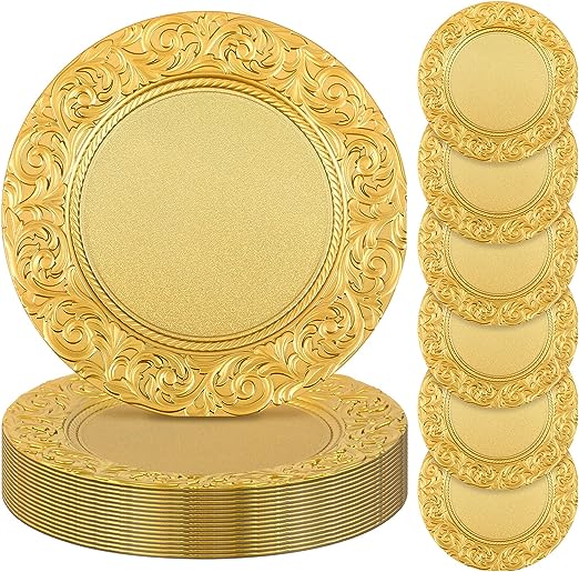 Uiifan Antique Charger Plates Bulk 13'' Plastic Embossed Dinner Plate Chargers Round Floral Plates for Wedding Decorative Chargers for Table Dinner Kitchen Party Decoration(Gold, 24 Pcs)