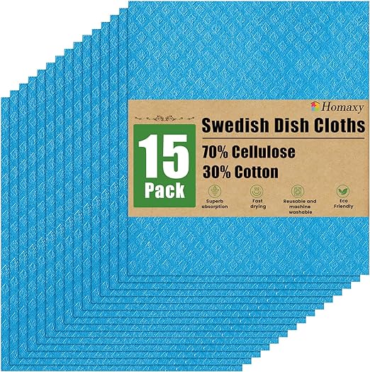 Homaxy Swedish Dishcloths for Kitchen, 15 Pack Reusable and Eco-Friendly Cellulose Sponge Cloths Dish Towels, Absorbent and No Odor Paper Towels for Dishes ＆ Counters, Blue