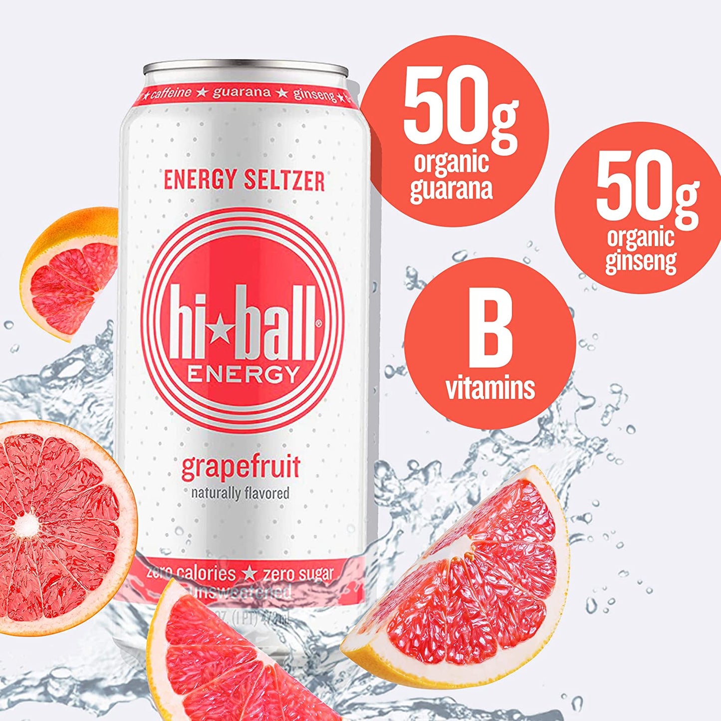 Hiball Energy Seltzer Water, Caffeinated Sparkling Water Made with Vitamin B12 and Vitamin B6, Sugar Free (8 pack of 16 Fl Oz), Grapefruit