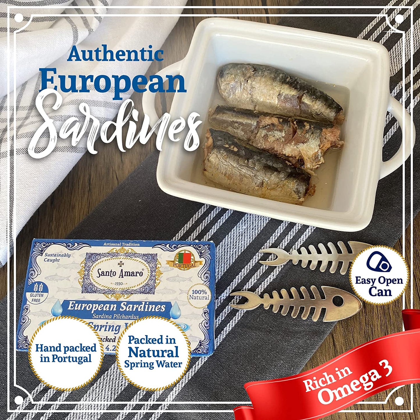 Santo Amaro – Authentic European Sardines in Water, Hand-Packed Canned Sardines Wild Caught Sardines in Water, Sea Salt, 140 Calories, Portuguese Sardines, Low Mercury, 19g Protein, Pack of 12