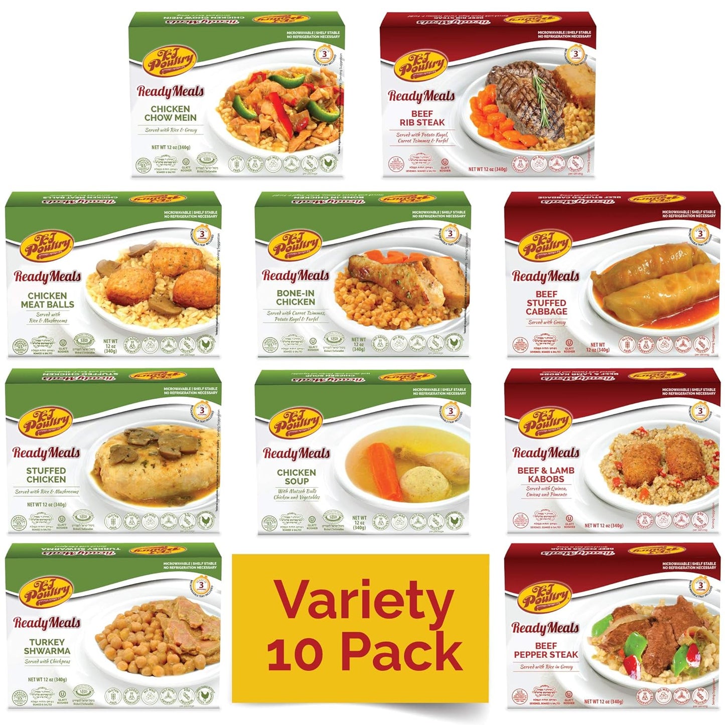 Kosher MRE Meat Meals Ready to Eat (10 Pack Variety - Beef, Chicken & Turkey) Prepared Entree Fully Cooked, Shelf Stable Microwave Dinner - Travel, Military, Camping, Emergency Survival Protein Food