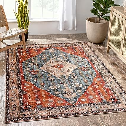 Lahome Boho Tribal Area Rug - 5x7 Large Washable Living Bedroom Rug Distressed Oriental Non-Slip Non-Shedding Print Floor Carpet for Dining Room Home,Rust/Dull Teal