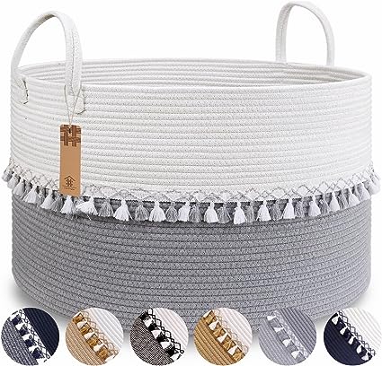 ZuiJia Shenghuo XXXLarge cotton Rope toy Basket-21.7"x21.7"x13.8"Baby Laundry Blanket Basket for storage-Extra Large Toy Bin with Handles-Living Room Bedroom Laundry Tassel Decor basket-Grey & white