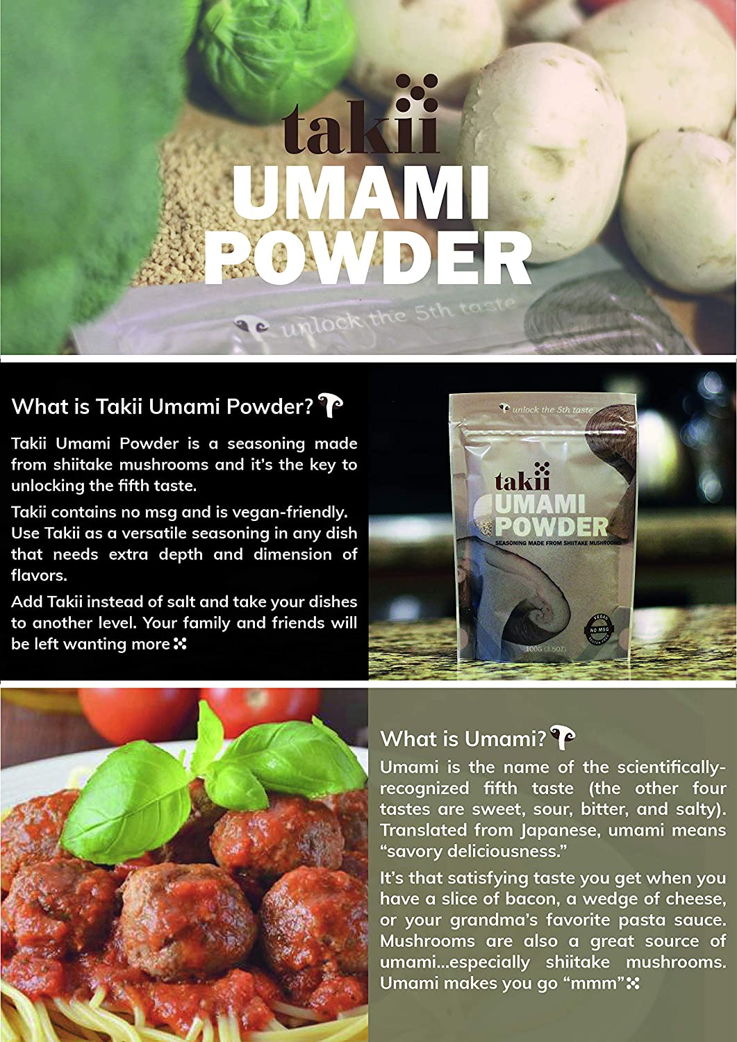 Takii Umami Powder, Made from Shiitake Mushrooms, Add Instant Flavor and Depth to All Your Favorite Dishes (1 Pack - 3.5 Ounce Pouch)