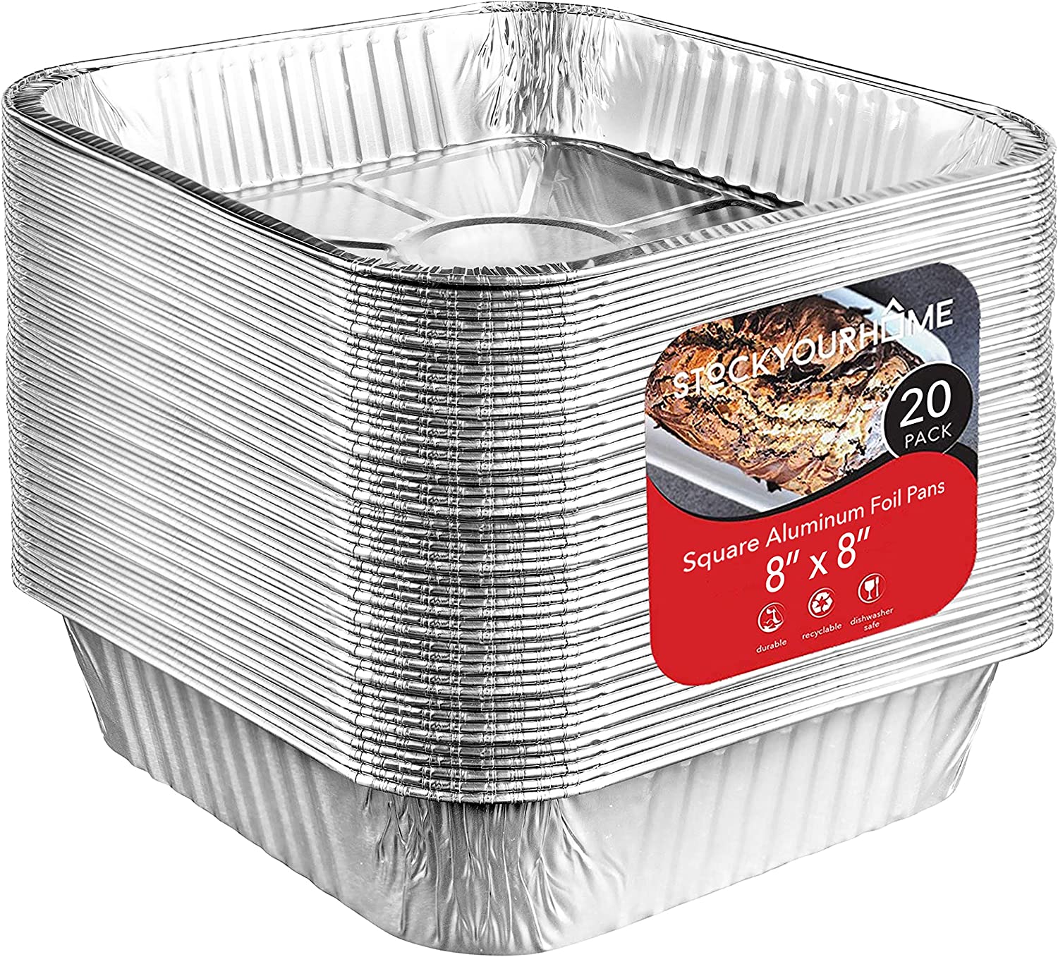 8x8 Foil Pans (20 Pack) 8 Inch Square Aluminum Pans - Foil Pans - Disposable Food Containers Great for Baking Cake, Cooking, Heating, Storing, Prepping Food