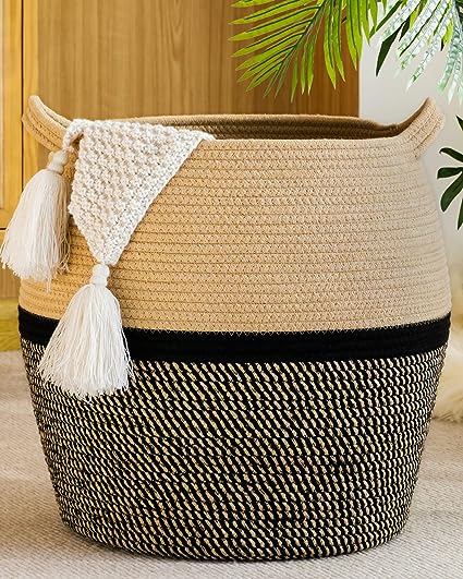 KAKAMAY Woven Baskets for Storage(17"x17"),Large Cotton Rope Basket Baby Laundry Hamper,Collapsible Basket, Blanket Organizing Living Room,Nursery,Clothes,Toy chest (Black)