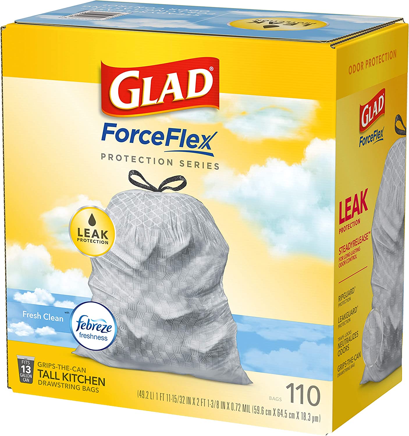 Glad Protection Series Force Flex Drawstring Fresh Clean Odor Shield 13 Gallon 1/110ct