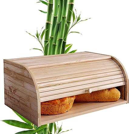 KIFIKITCHEN Bamboo Bread Box Space Saving Rustic Roll-Top Bread Bin for Countertop - Store Bread Cake and Baked Goods - 15 x 9.8 inches (Sliding door)