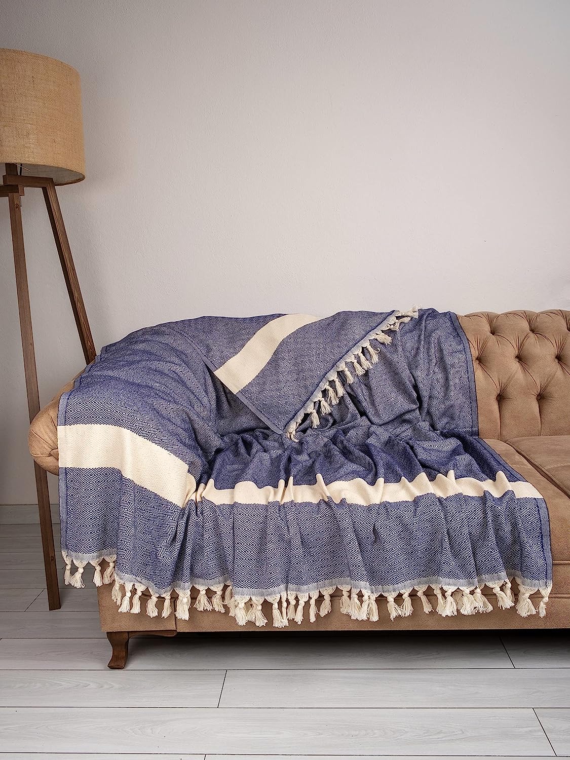 DEMMEX 90x82 Inches XXXL Turkish Cotton Multipurpose Blanket, Throw Blanket Bedspread, Beach Picnic Blanket, 100% Turkish Cotton, Diamond Weave, Made in Turkey, 3lb (Navy Blue)