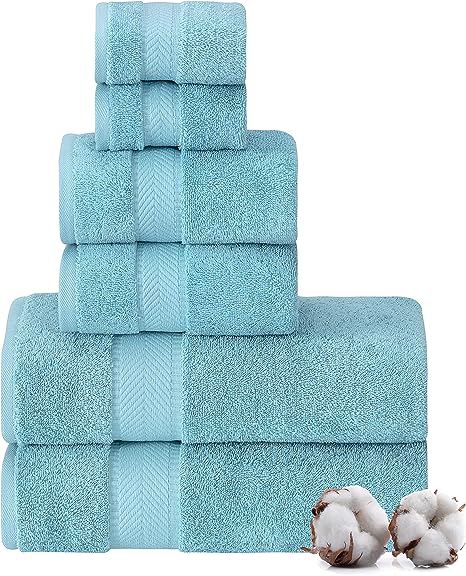TEXTILOM 100% Turkish Cotton 6 Pcs Bath Towel Set, Luxury Bath Towels for Bathroom, Soft & Absorbent Bathroom Towels Set (2 Bath Towels, 2 Hand Towels, 2 Washcloths)- Aqua