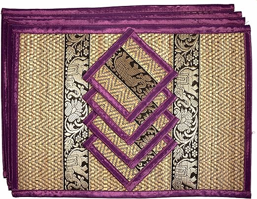 Hand-Woven Wicker Reed Placemats Coaster Set Eco-Friendly Alternative to Plastic Heat Resistant Thai Style Durable Easy to Clean for Dining Table Set of 4 (Medium, Purple)