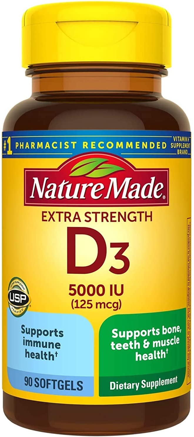 Nature Made Extra Strength Vitamin D3 5000 IU (125 mcg), Dietary Supplement for Immune Support, 360 Softgels, 360 Day Supply