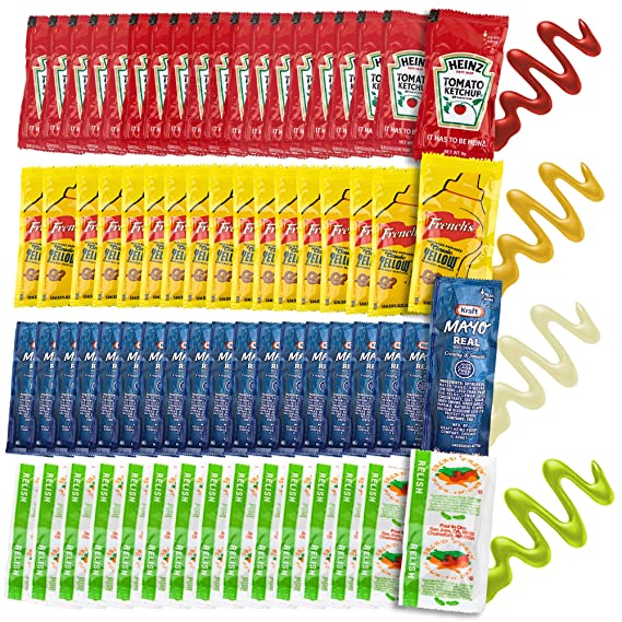 grab-n-go condiment packs - 50 single serve pouches of each: ketchup, mustard, relish, and mayo - (200 condiment packets total)